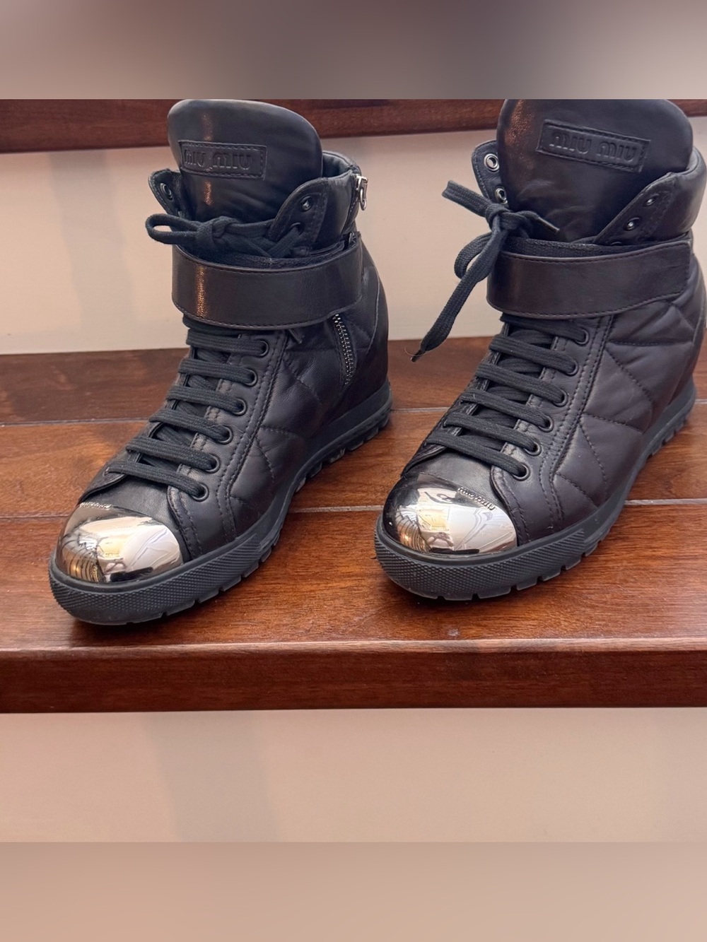 Miu Miu Black Leather Toe Cap Wedge Ankle Boots